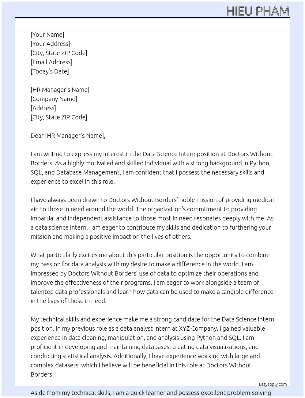 Data Science Intern At Doctors Without Borders Cover Letter