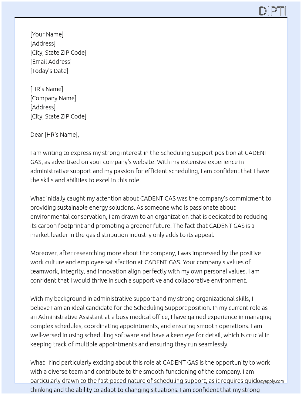 Scheduling Support At CADENT GAS Cover Letter