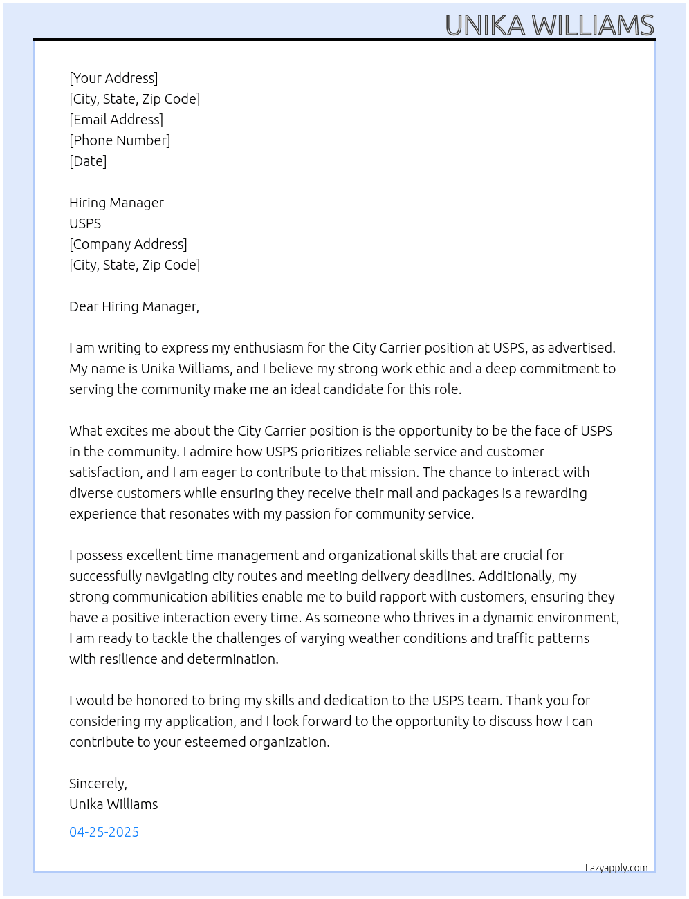 City Carrier  At USPS Cover Letter