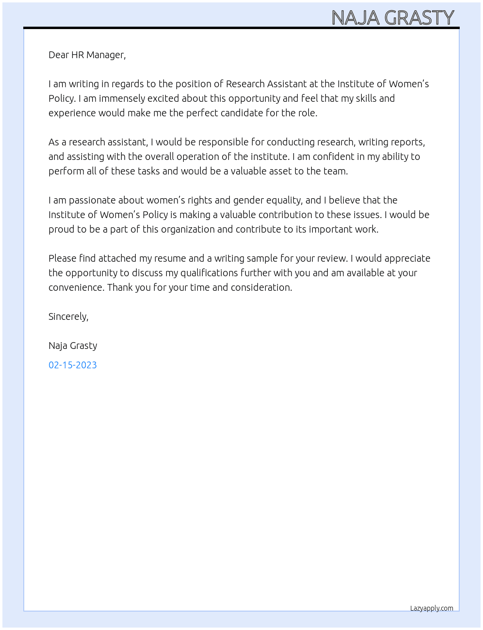 Research Assistant  At Institute of Women’s Policy  Cover Letter