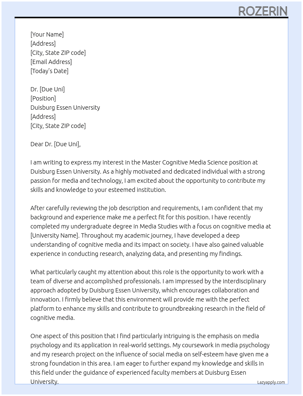 master cognitive media science At duisburg essen university Cover Letter