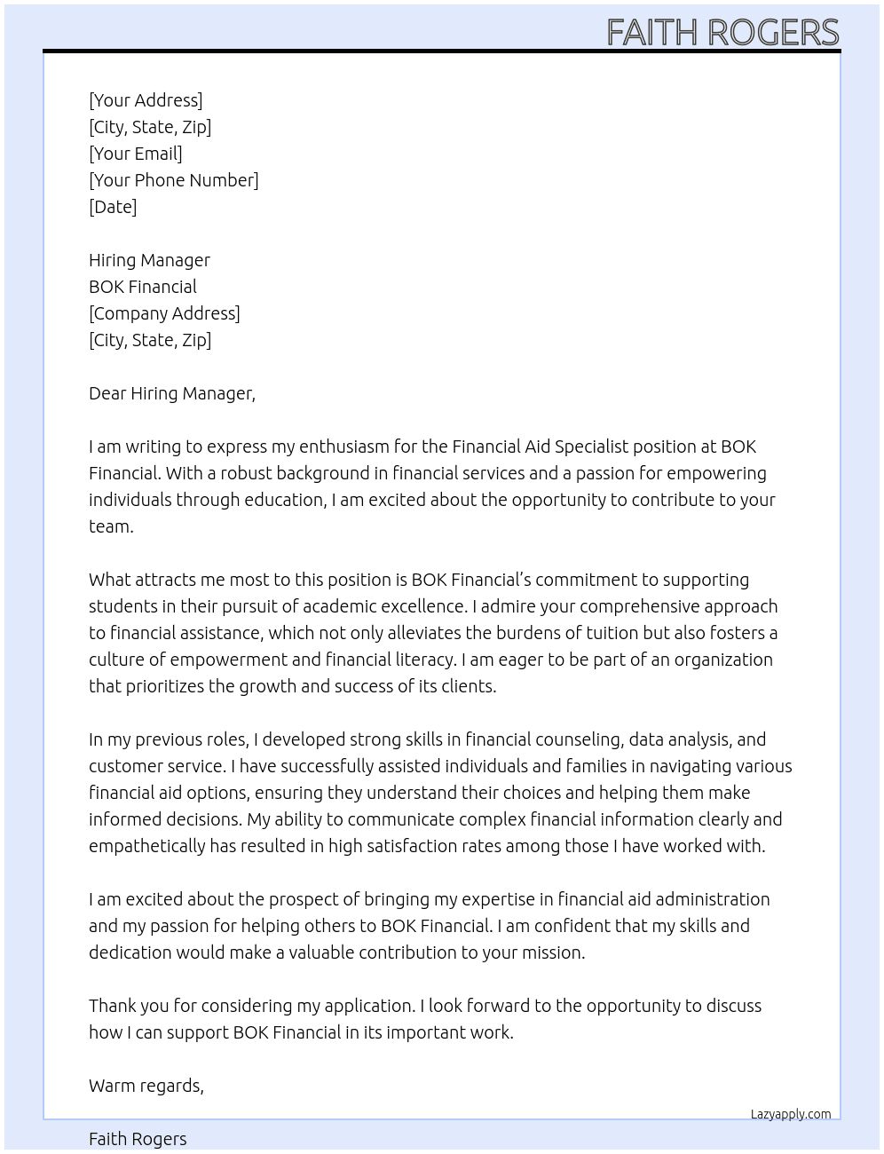 Cover letter for financial aid specialist - LazyApply