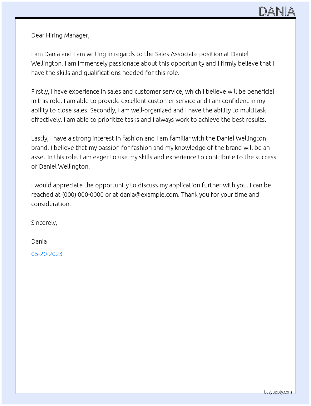 Sales Associate At Daniel Wellington Cover Letter