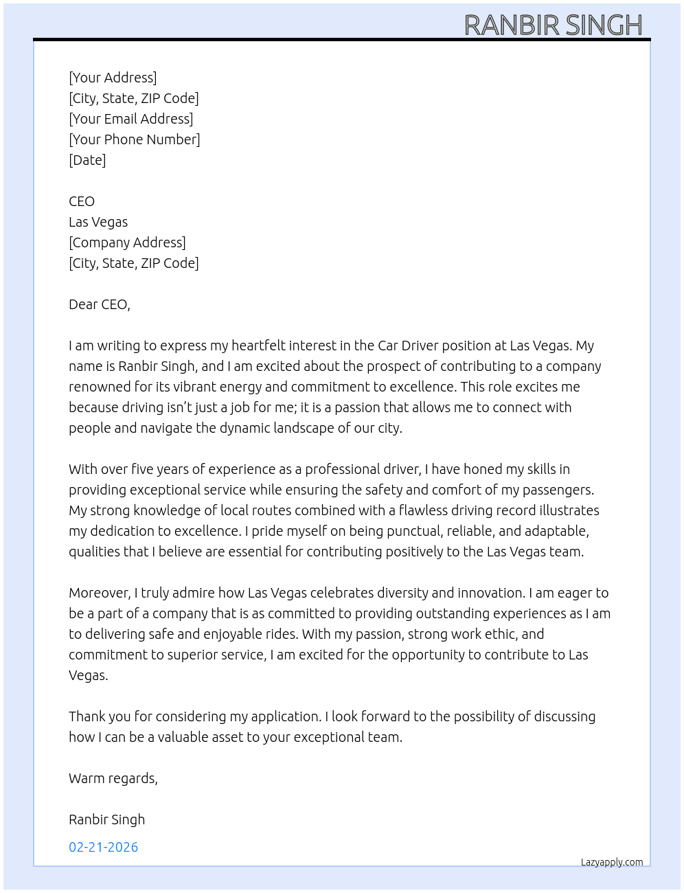 Car driver  At Las Vegas  Cover Letter
