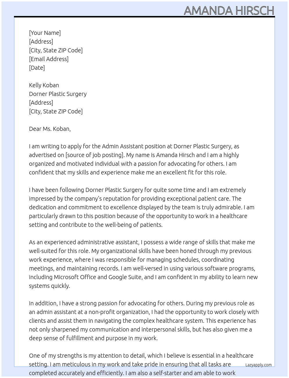 Admin Assistant At Dorner Plastic Surgery Cover Letter
