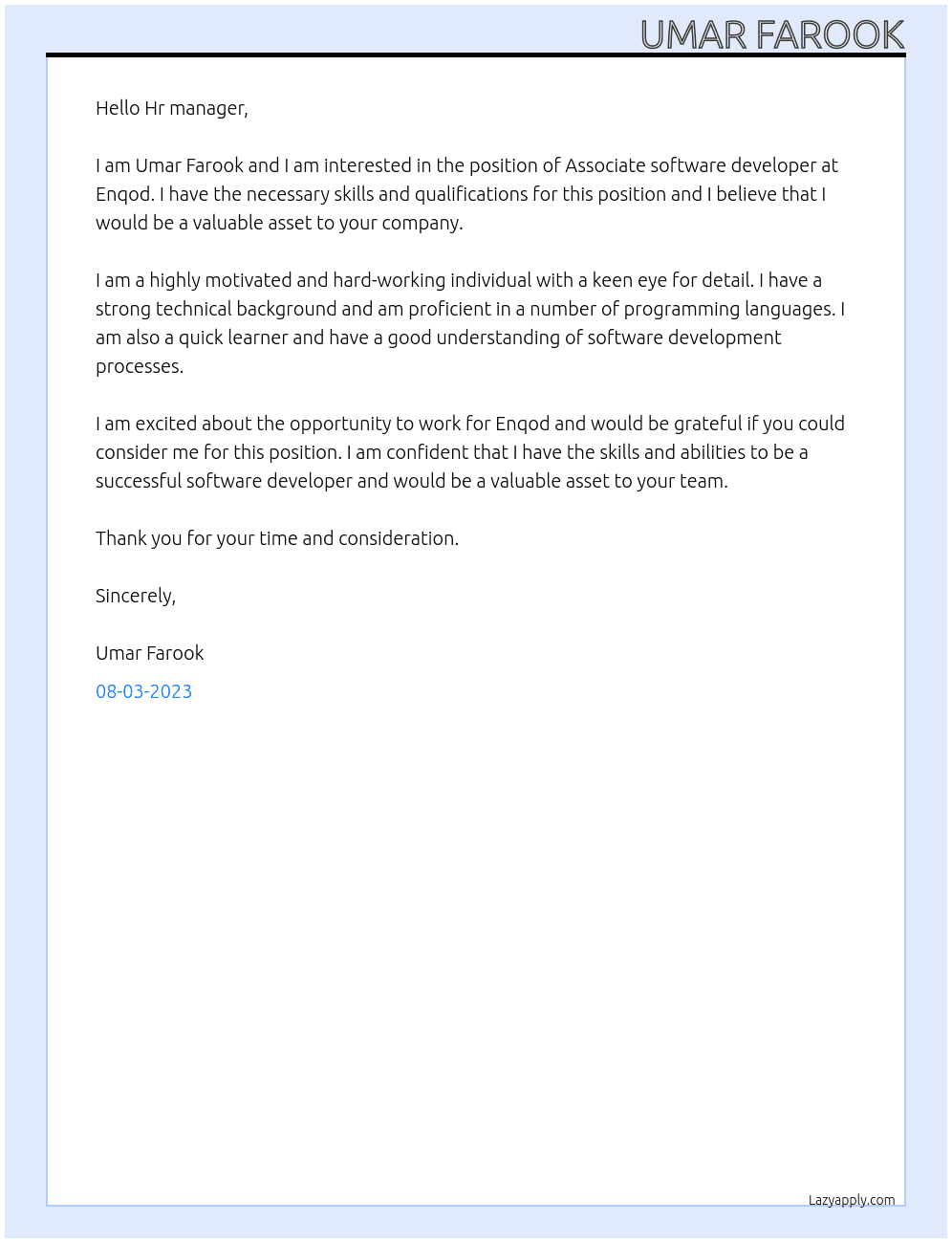 Associate software developer  At Enqod Cover Letter