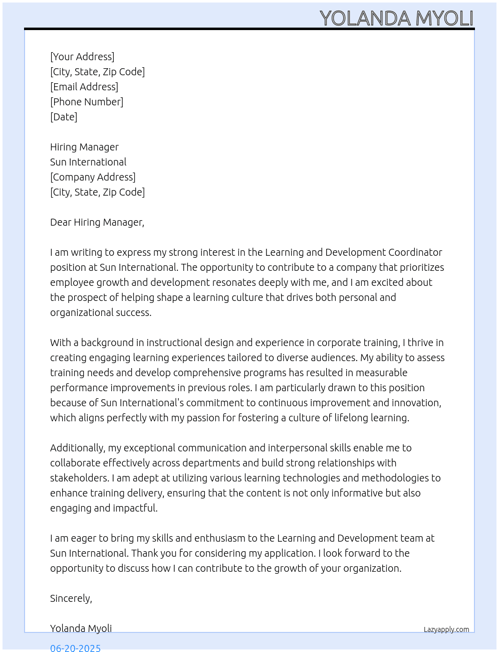 Learning and Development Coordinator At Sun International Cover Letter
