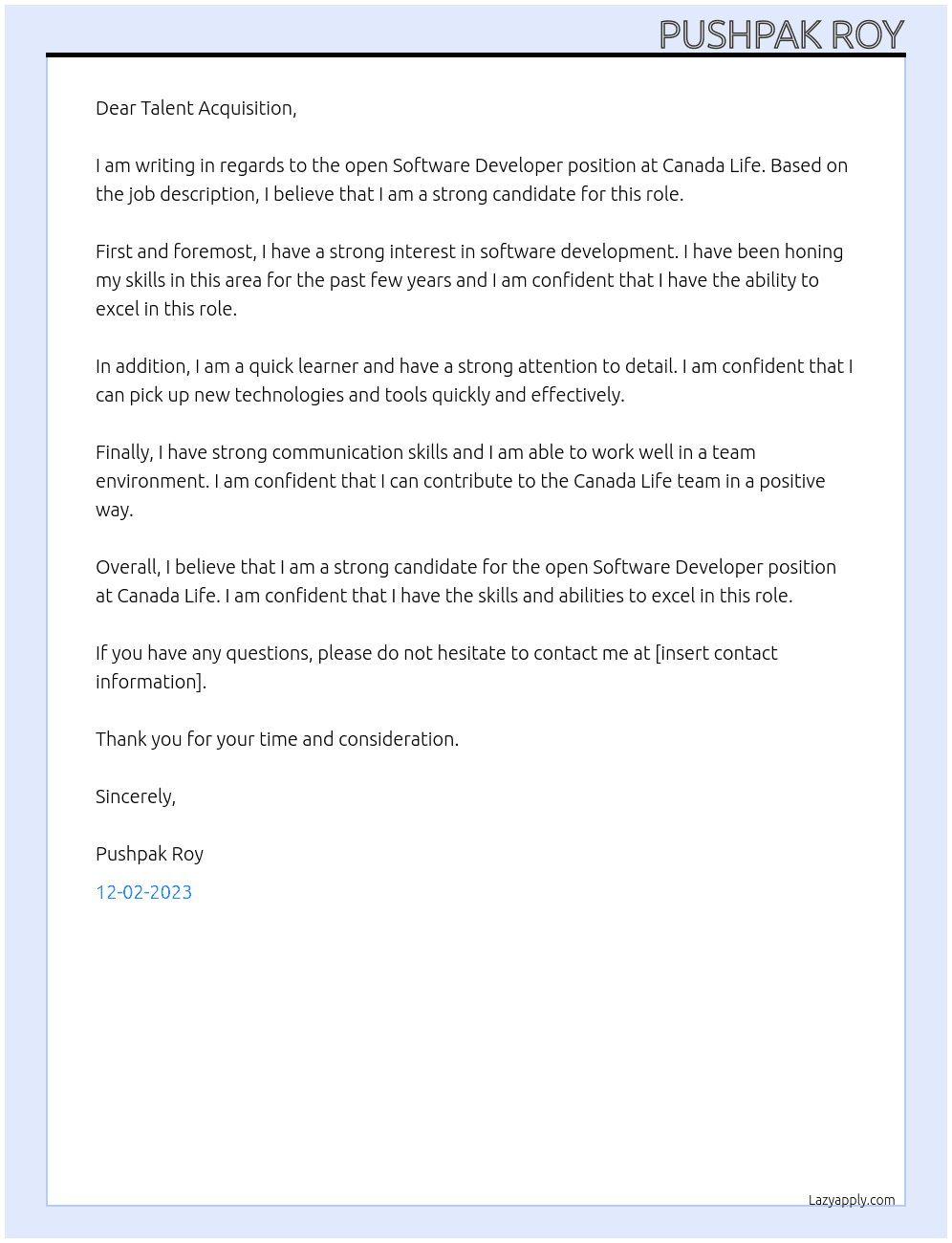 Software Developer (Student Position) At Canada Life Cover Letter
