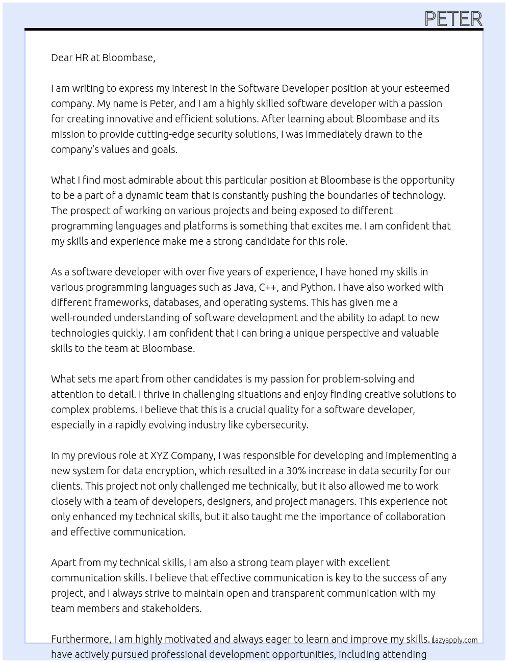 Software developer At bloombase Cover Letter