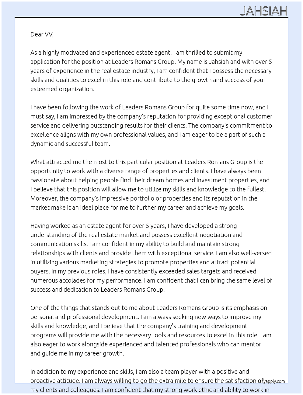 estate agent At Leaders Romans Group Cover Letter
