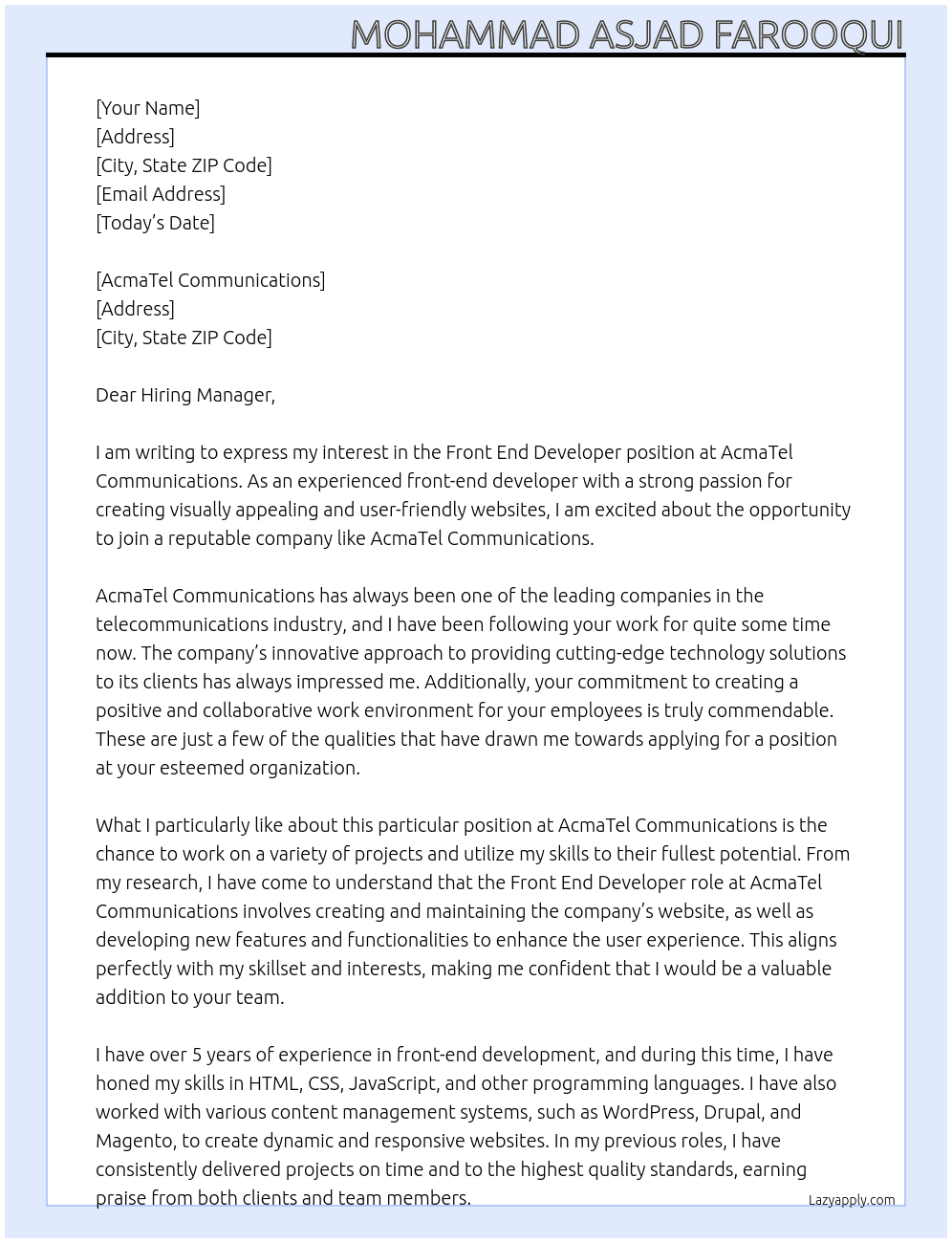 Front end developer  At AcmaTel Communications Cover Letter