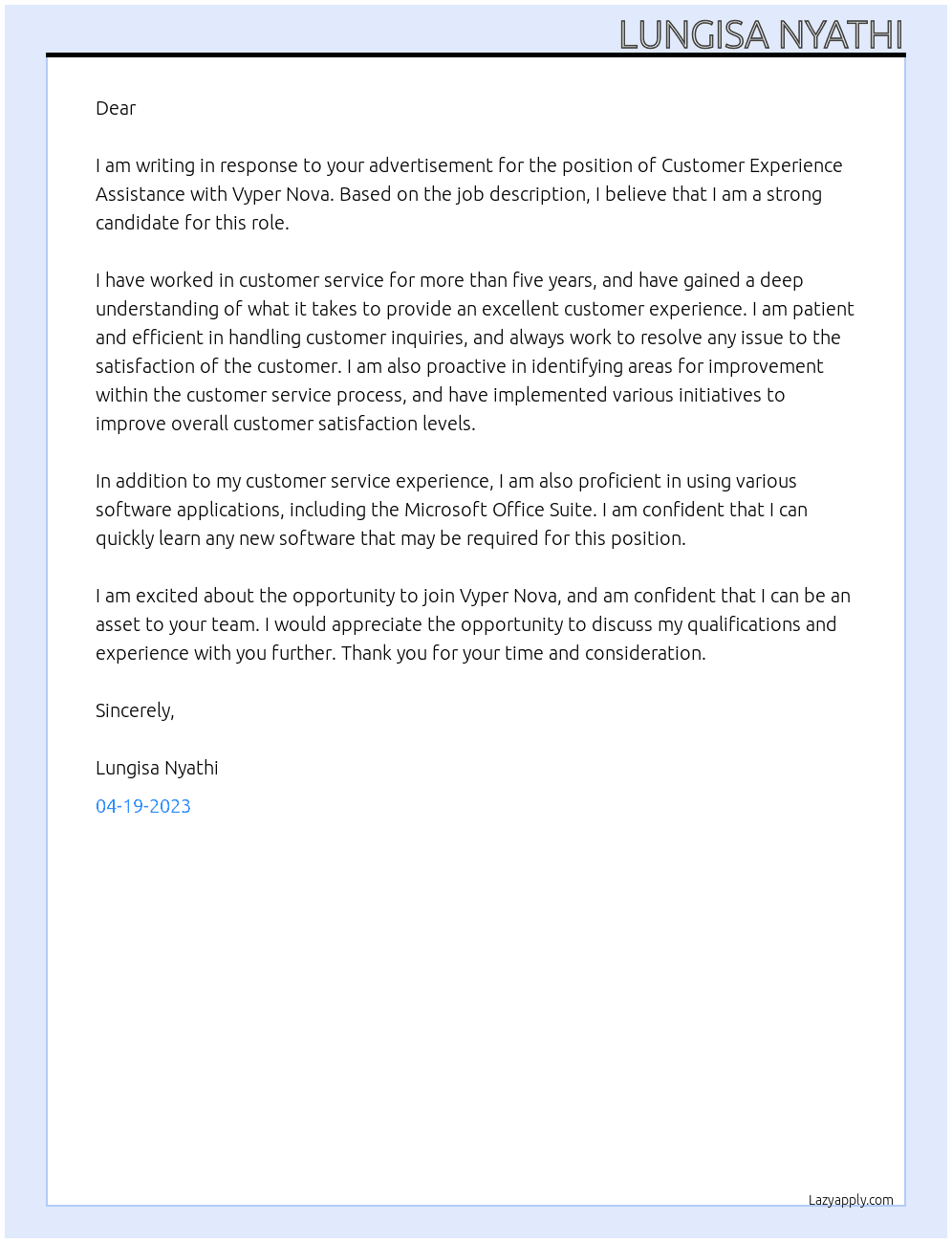 Customer Experience Assistance At Vyper Nova Cover Letter
