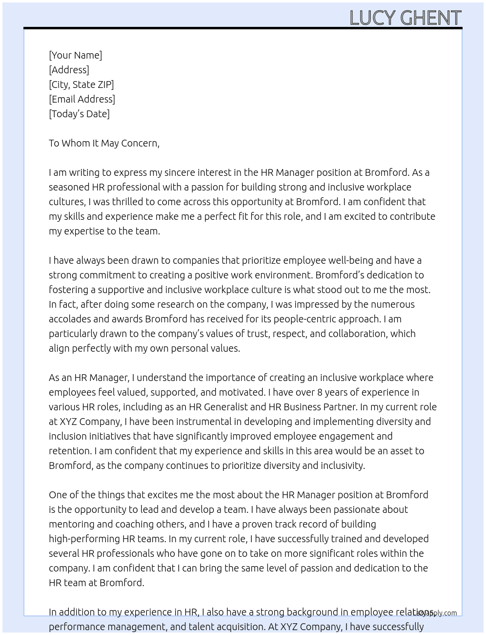 HR Manager At Bromford Cover Letter