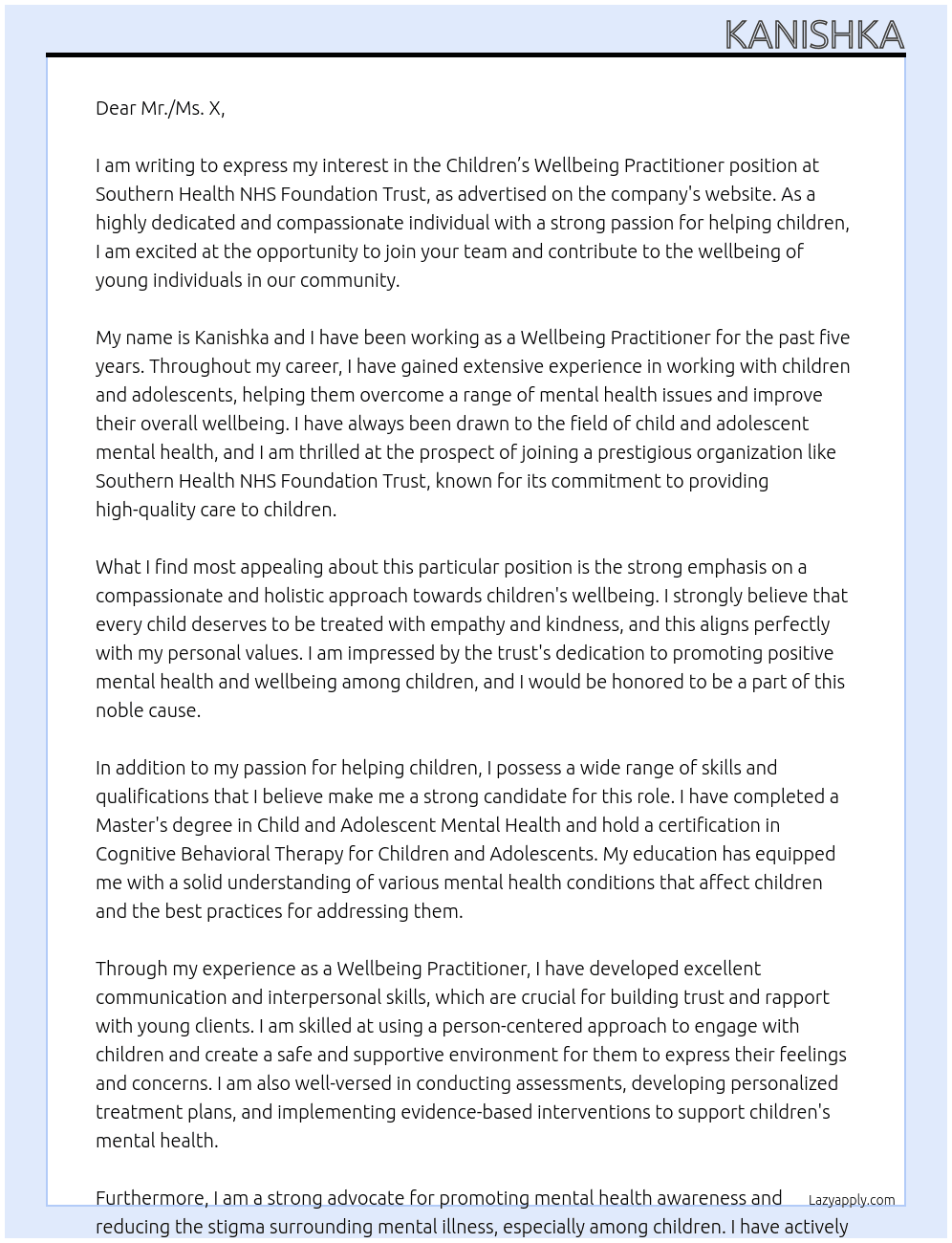 Children’s Wellbeing Practitioner  At Southern Health NHS Foundation Trust Cover Letter
