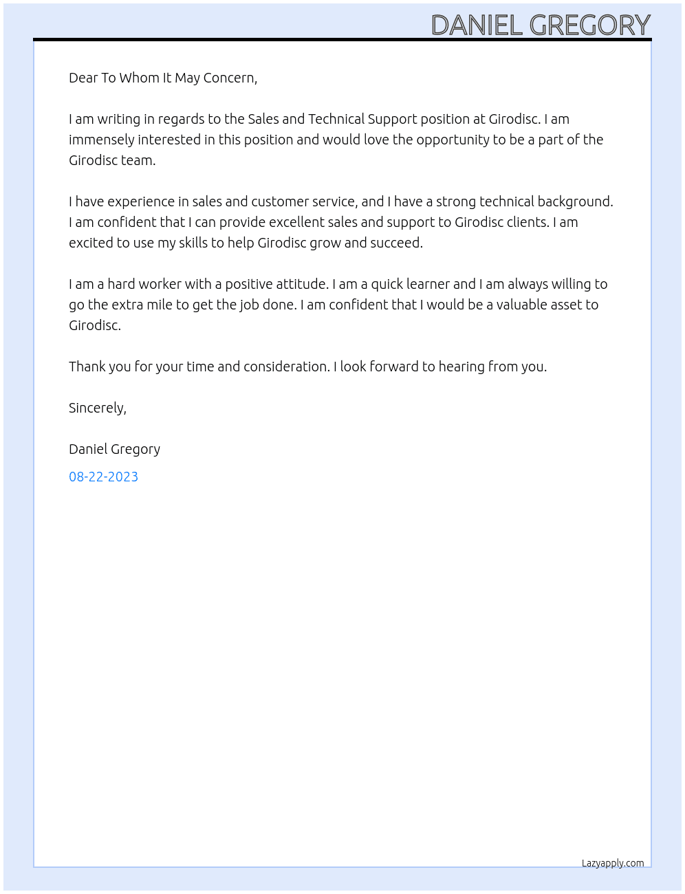 Sales and Technical Support At Girodisc Cover Letter