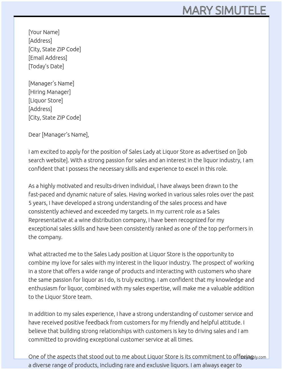 Sales lady At Liquor store  Cover Letter