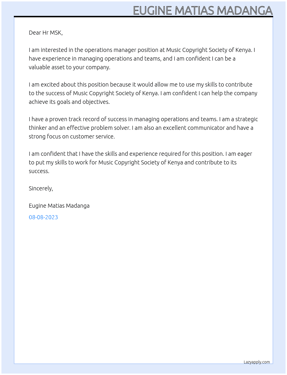 Operations manager  At Music Copyright Society of Kenya Cover Letter