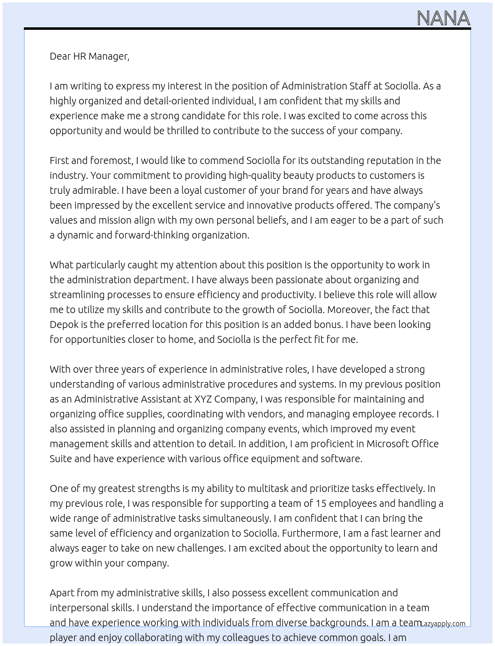 Administration staff At Sociolla Cover Letter