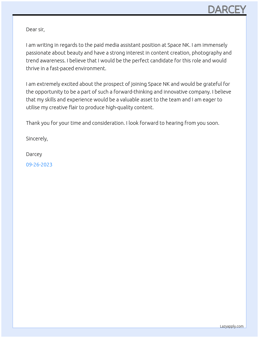 Paid Media Assistant At Space NK Cover Letter
