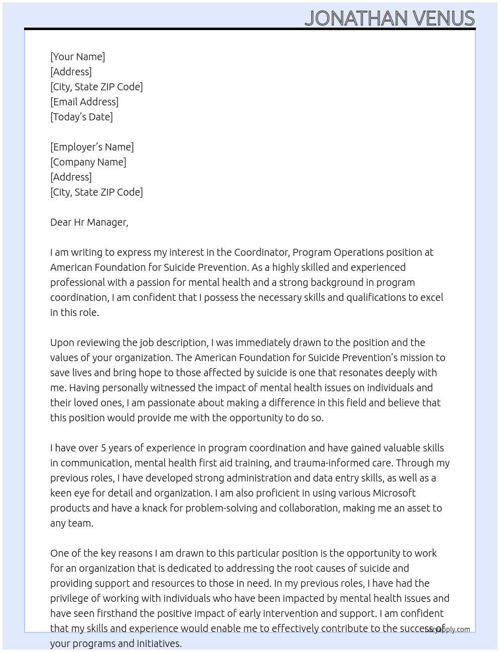Coordinator, Program Operations At American Foundation for Suicide Prevention Cover Letter