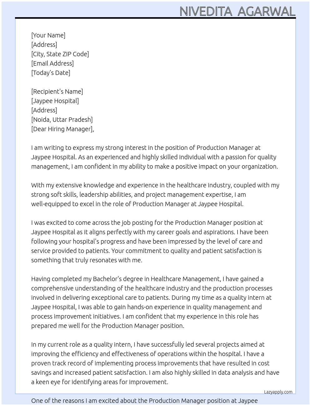 Production Manager At unemployed Cover Letter