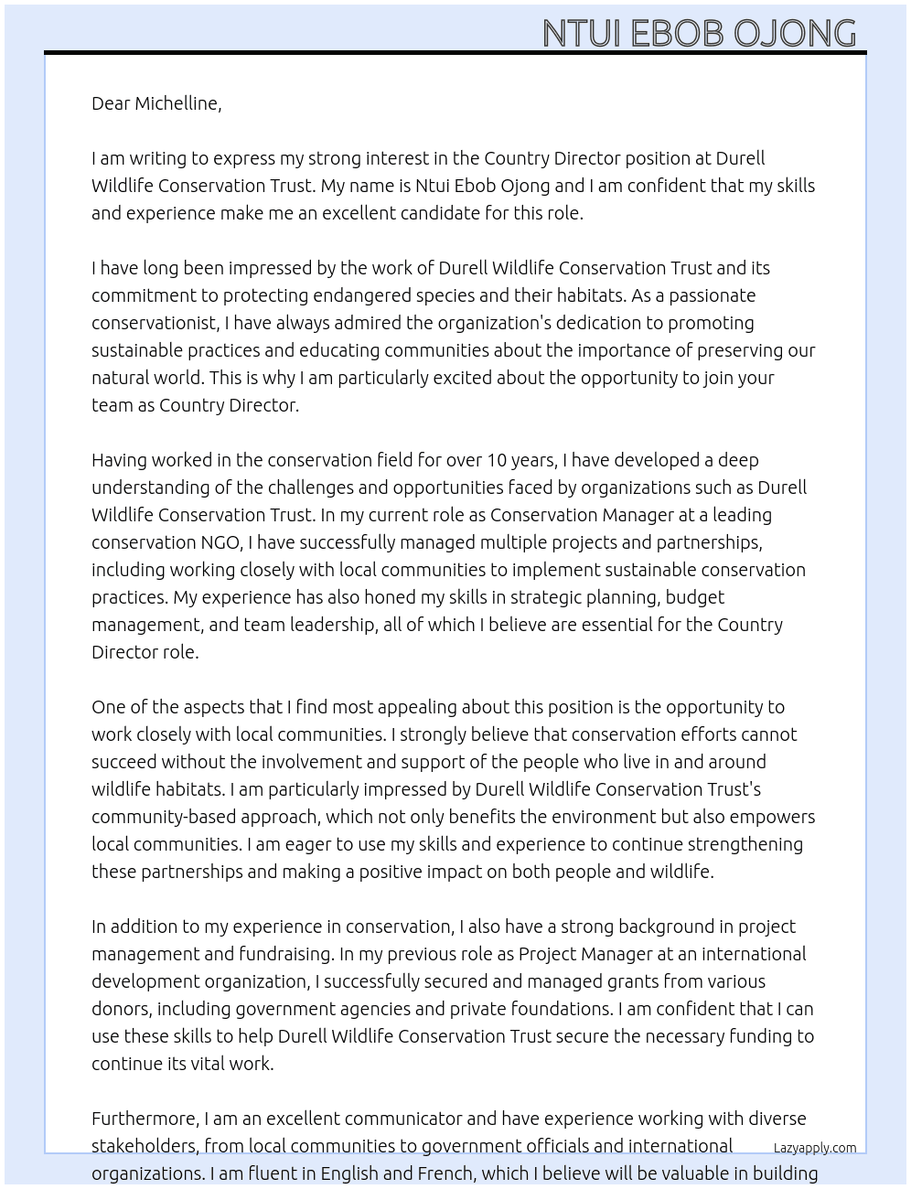 Country Director At Durell wildlife conservation trust Cover Letter
