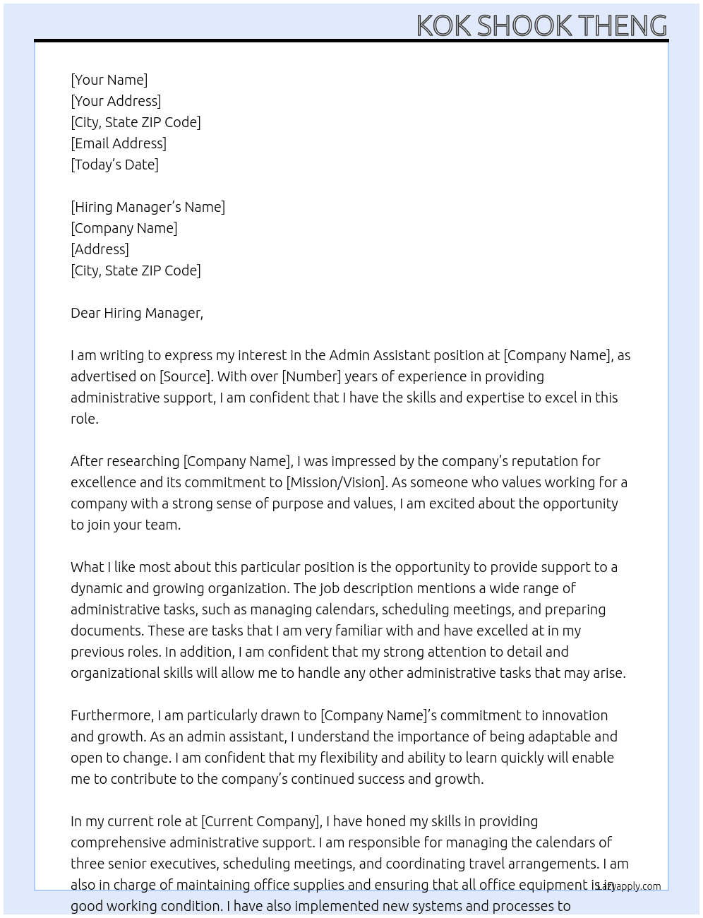 Admin Assistant At any Cover Letter