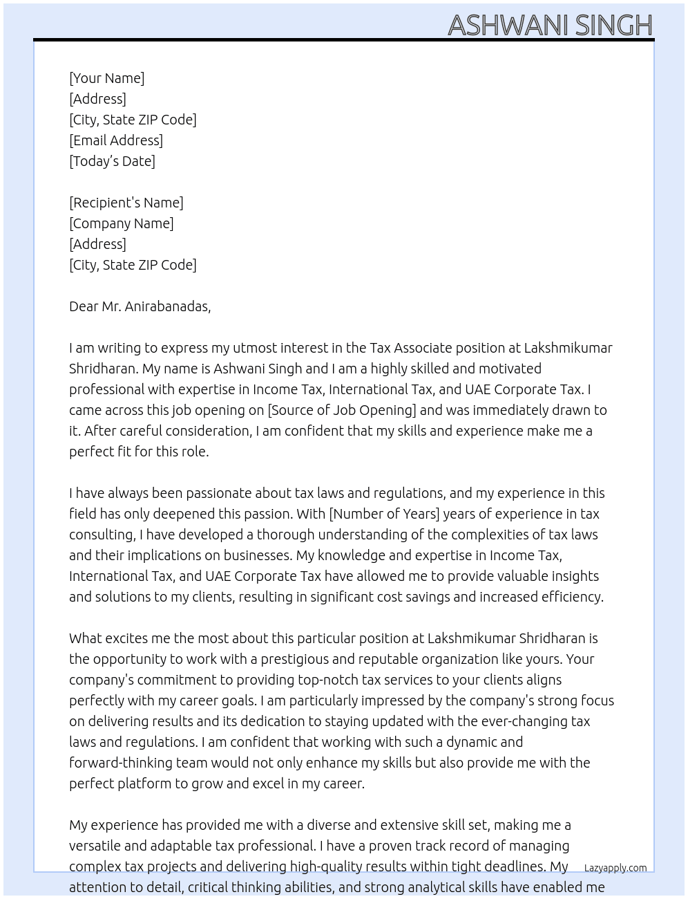 Tax Assocaite At Lakshmikumar Shridharan Cover Letter