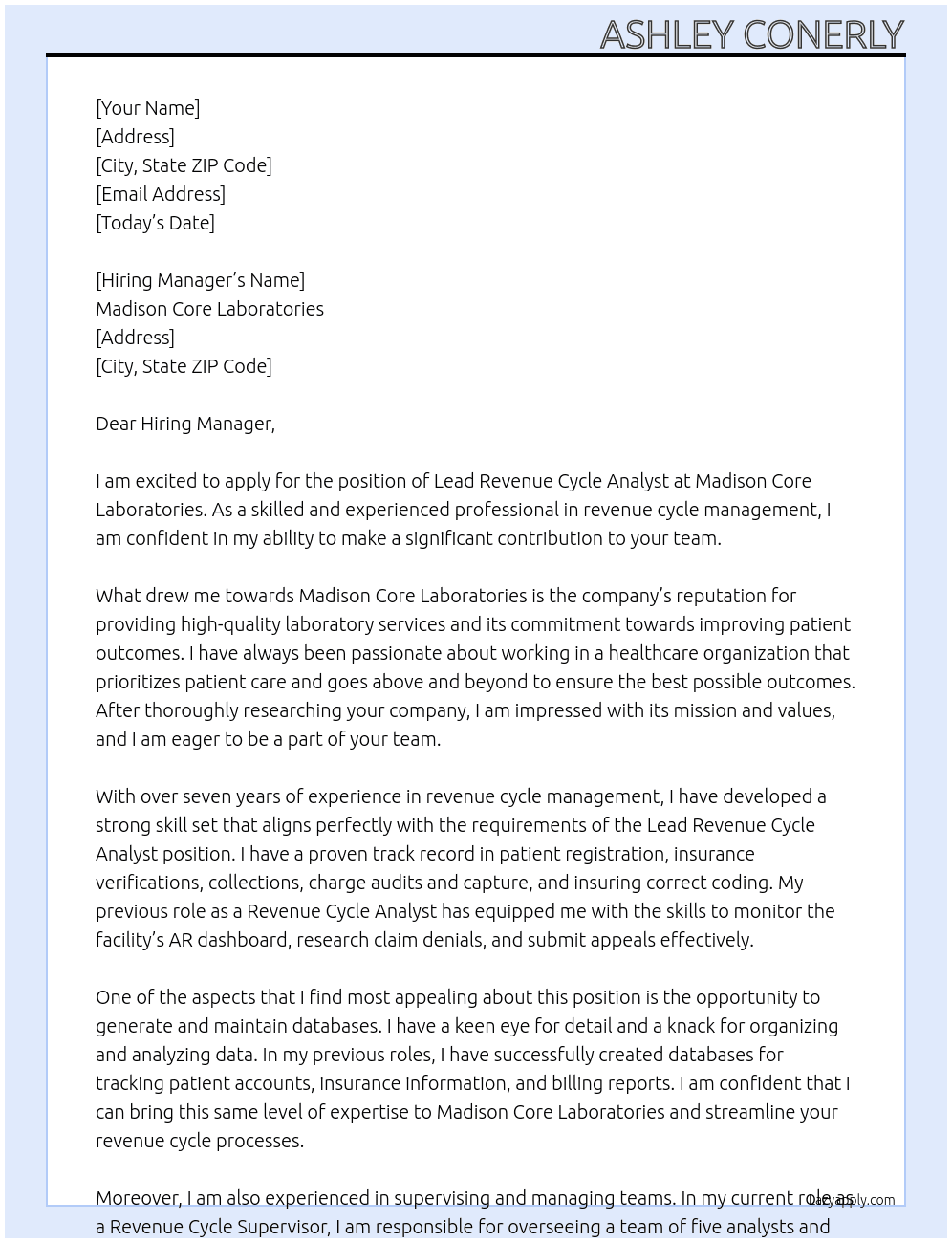 Lead Revenue Cycle Analyst At Madison Core Laboratories Cover Letter