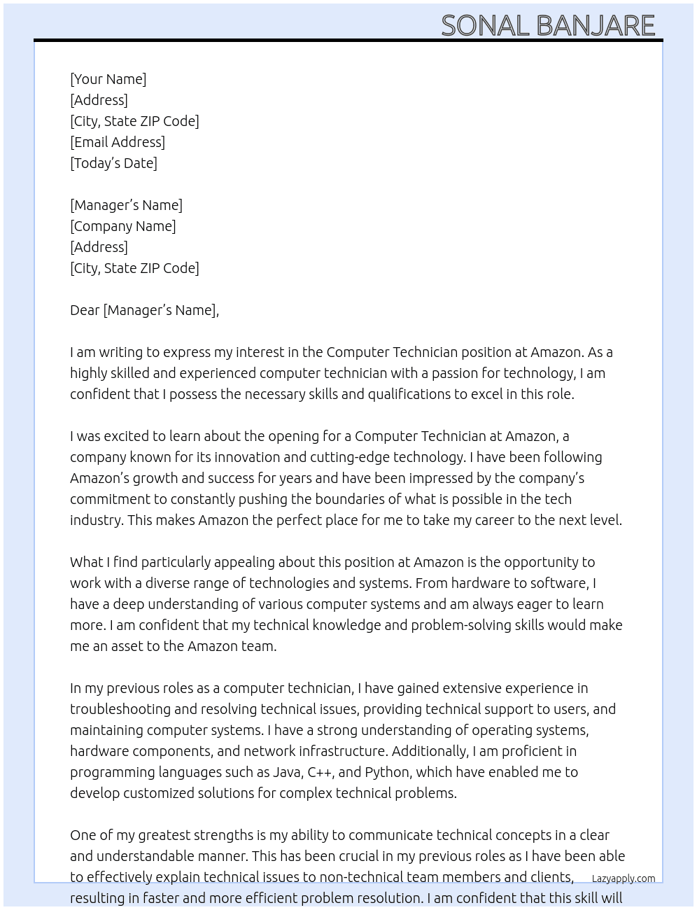 Computer technician  At Amazon  Cover Letter