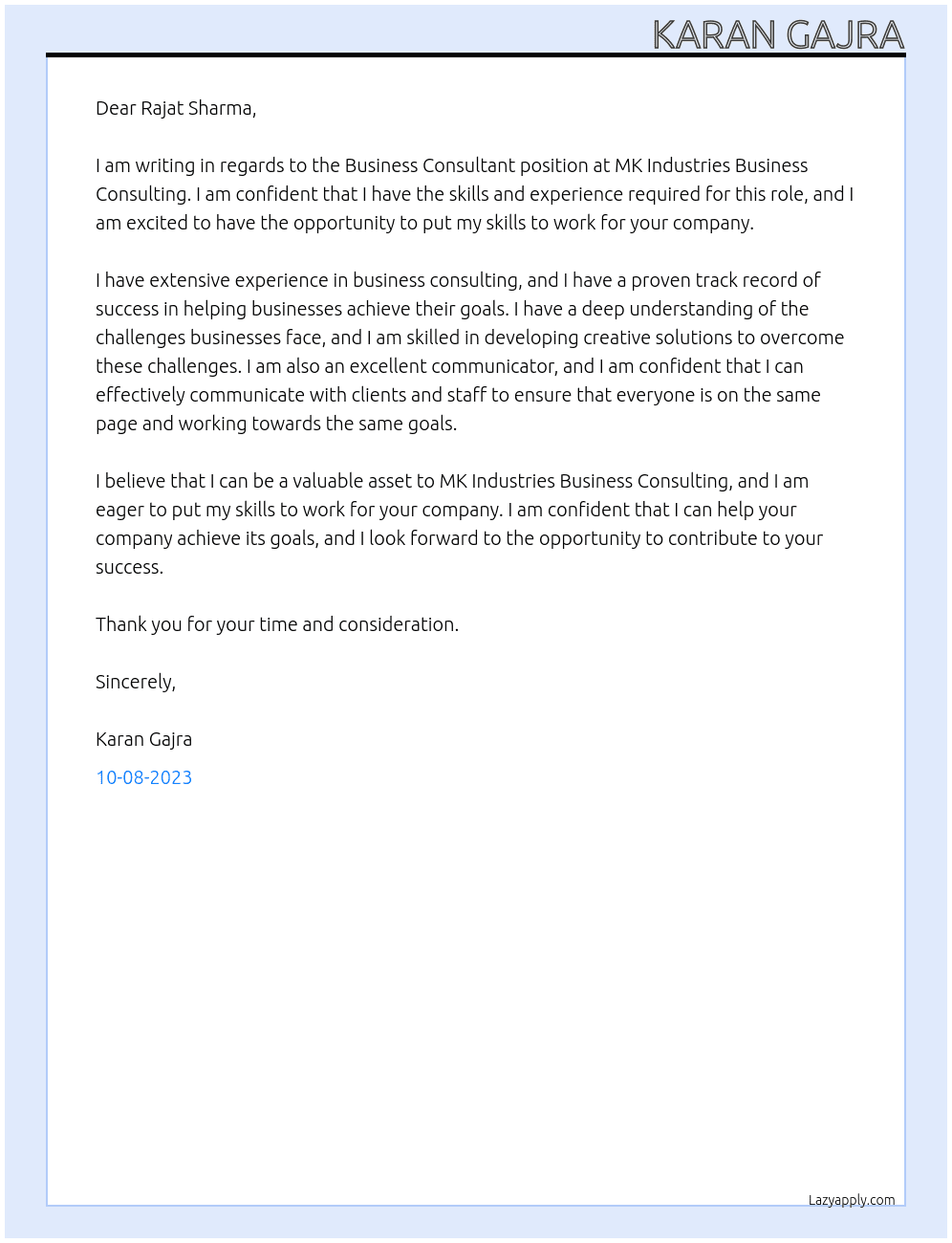BUSINESS CONSULTANT At MK INDUSTRIES BUSINESS CONSULTING Cover Letter