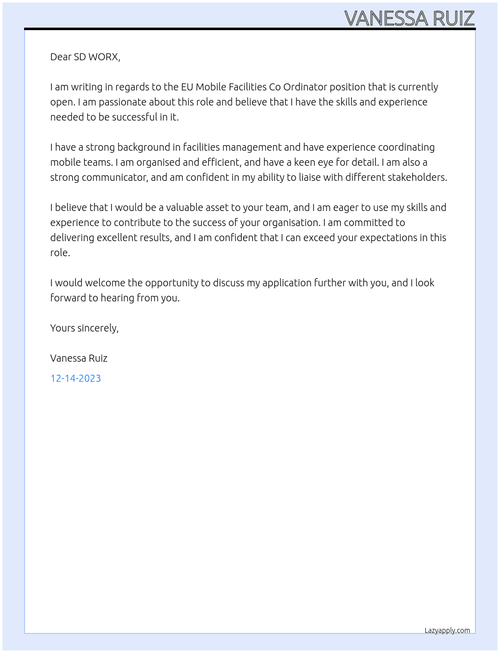 EU Mobile Facilities Co Ordinator - remote working At SD WORX Cover Letter