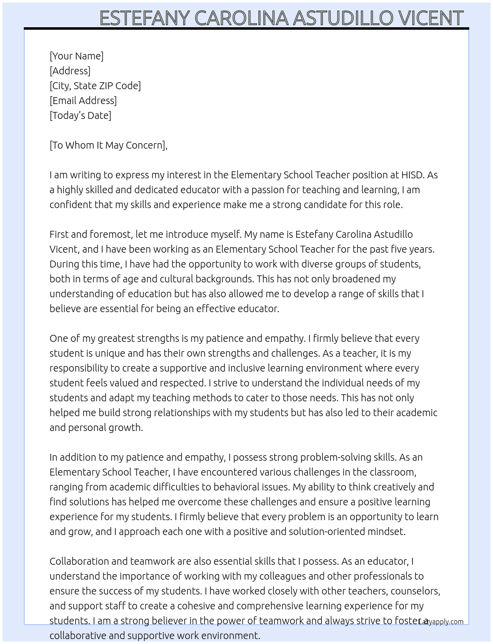 Elementary school teacher At HISD Cover Letter