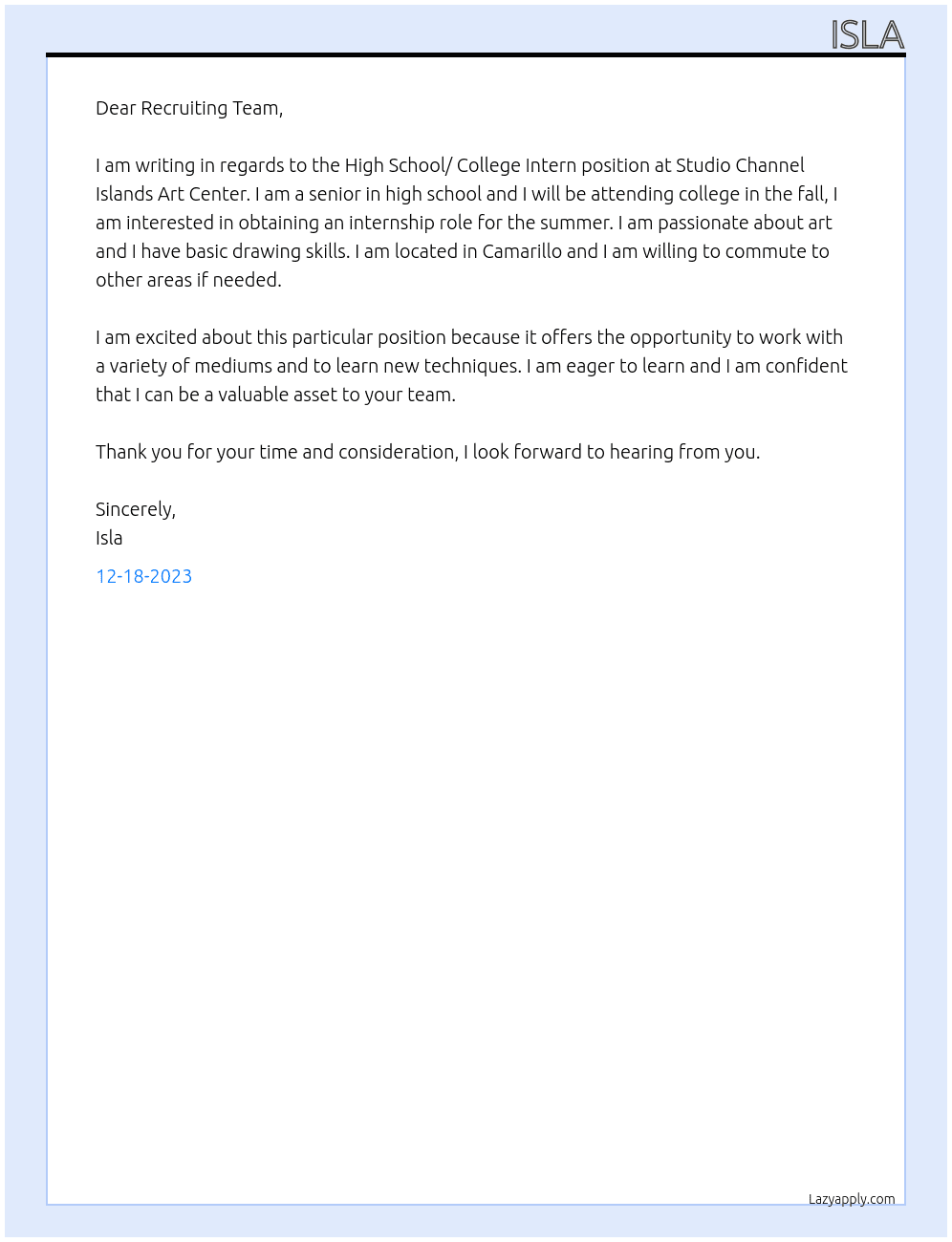 High School/ College Intern At Studio Channel Islands Art Center  Cover Letter