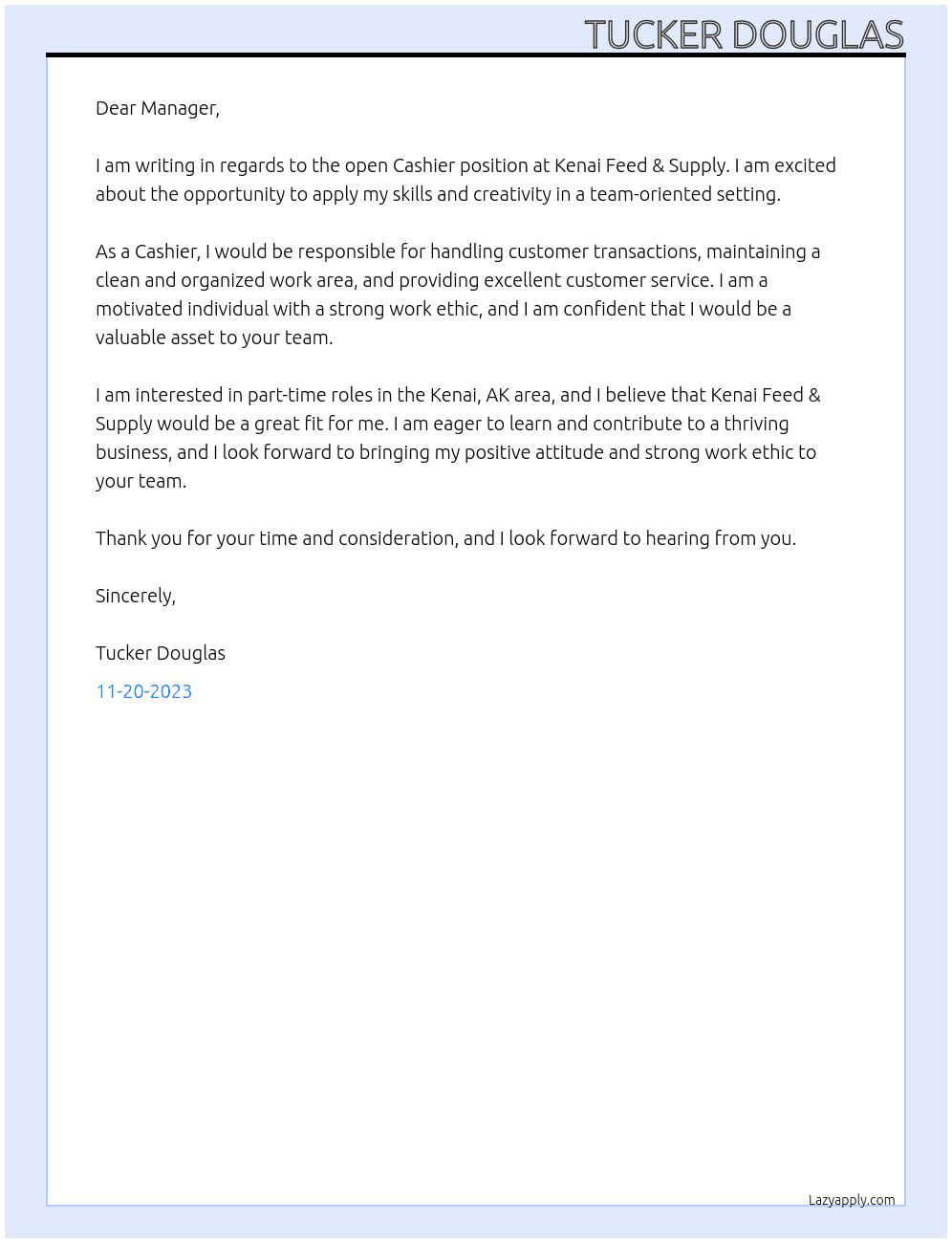 Cashier At Kenai Feed & Supply Cover Letter