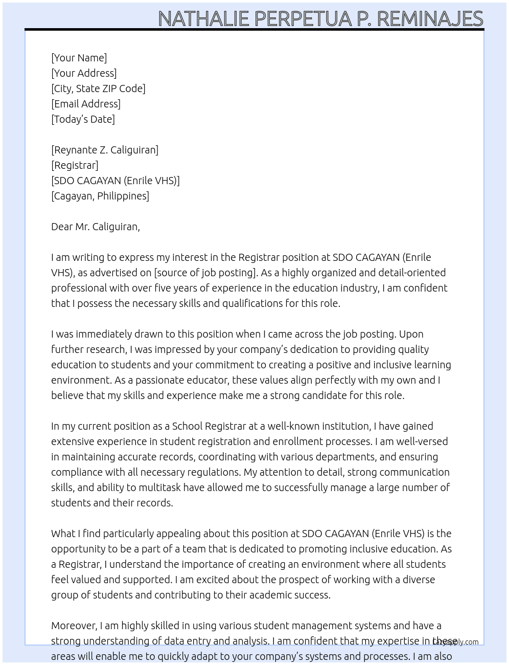 Registrar At SDO CAGAYAN (Enrile VHS) Cover Letter