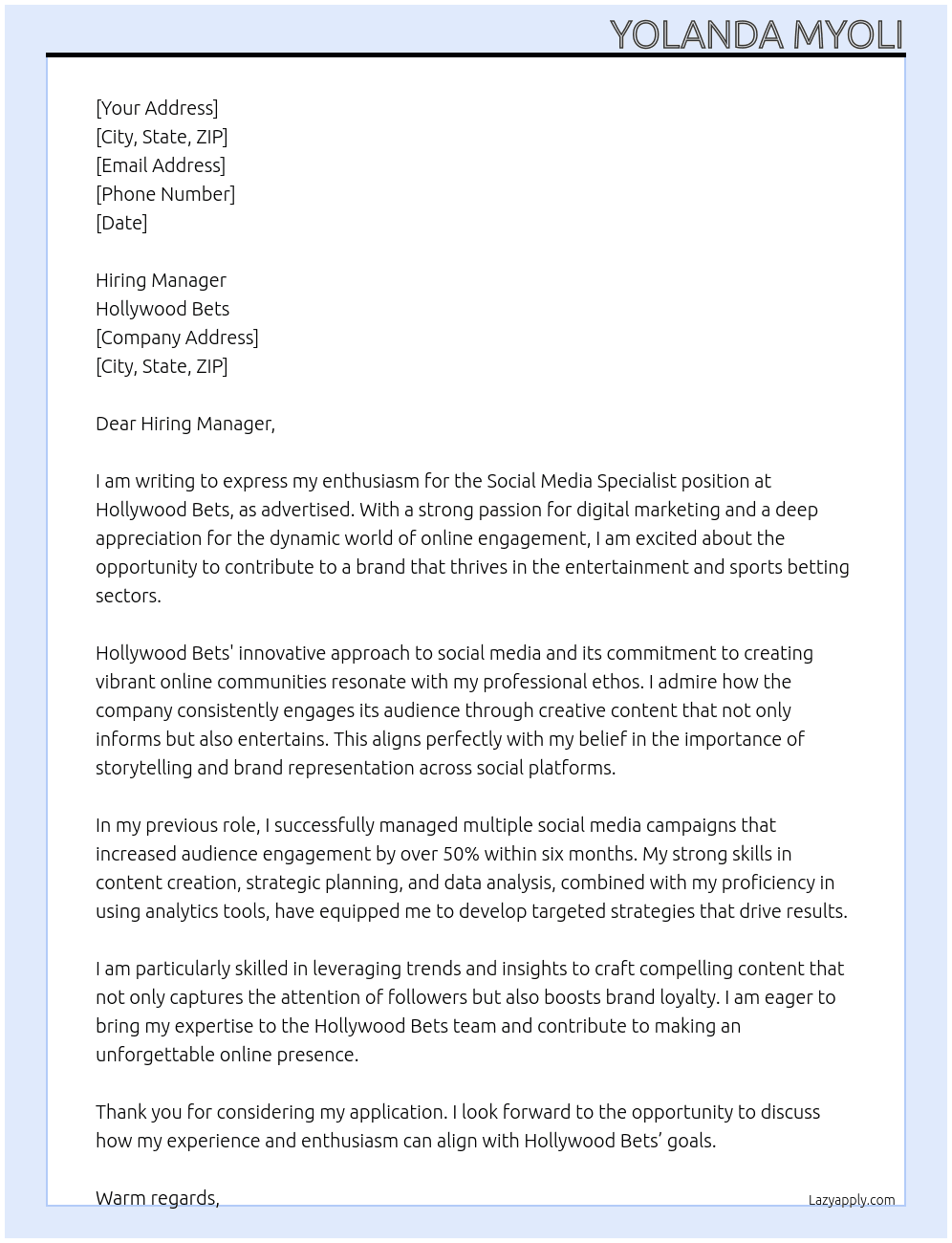 Social Media Specialist At Hollywood Bets Cover Letter