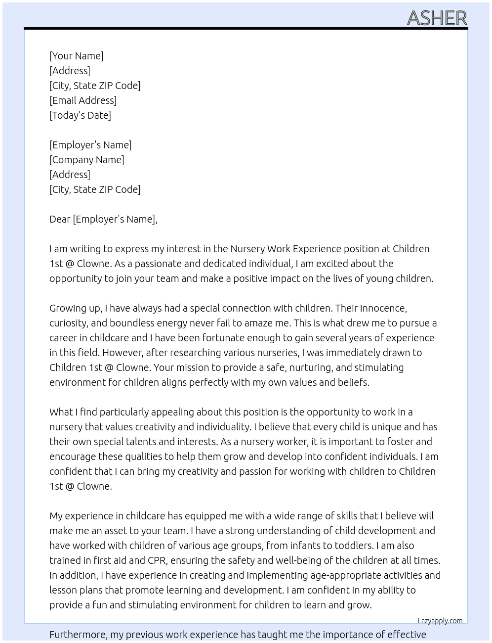 nursery work experience At children 1st @ clowne Cover Letter