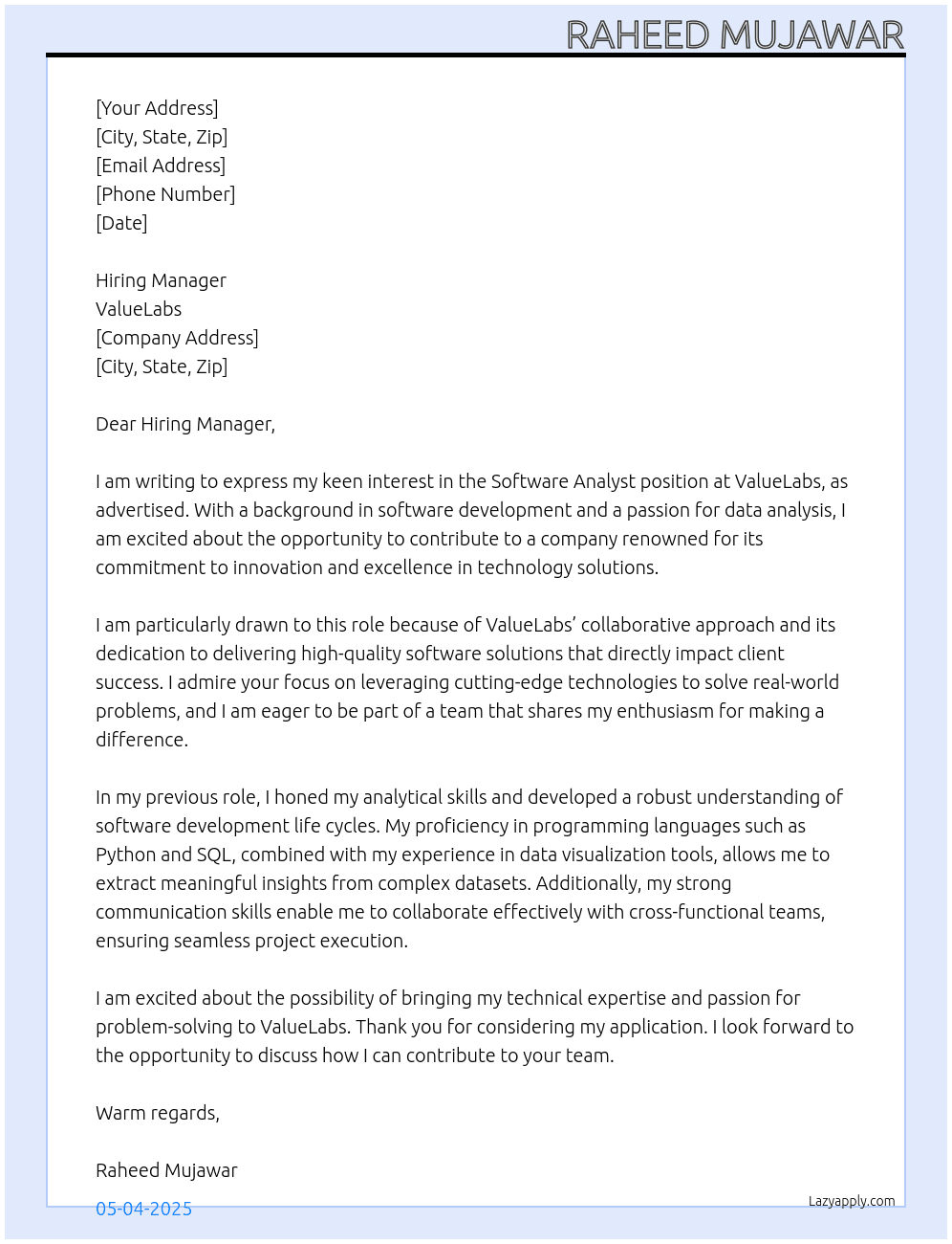 Software Analyst At ValueLabs Cover Letter