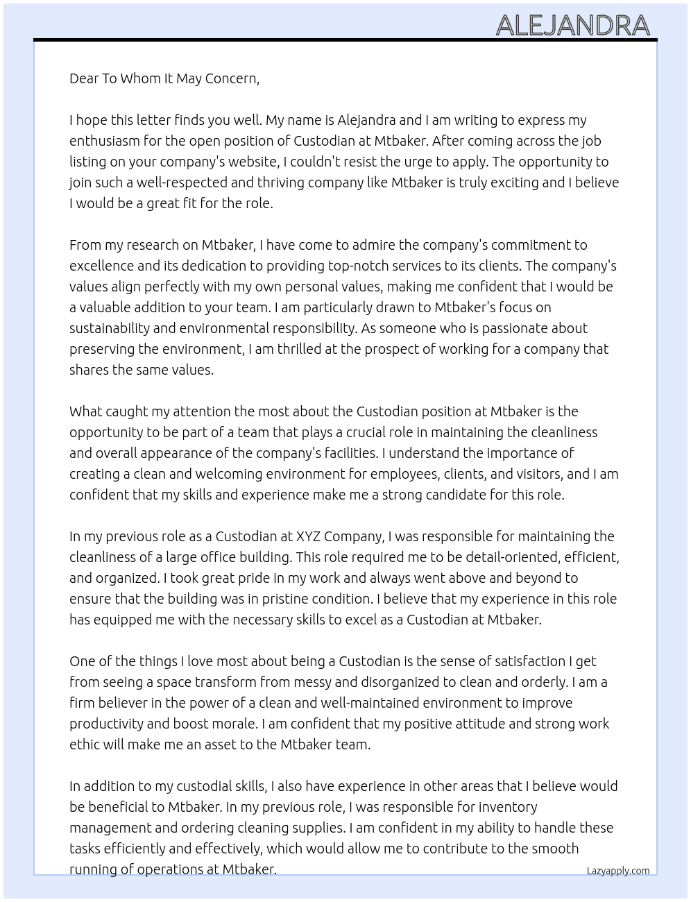 Custodians  At Mtbaker  Cover Letter