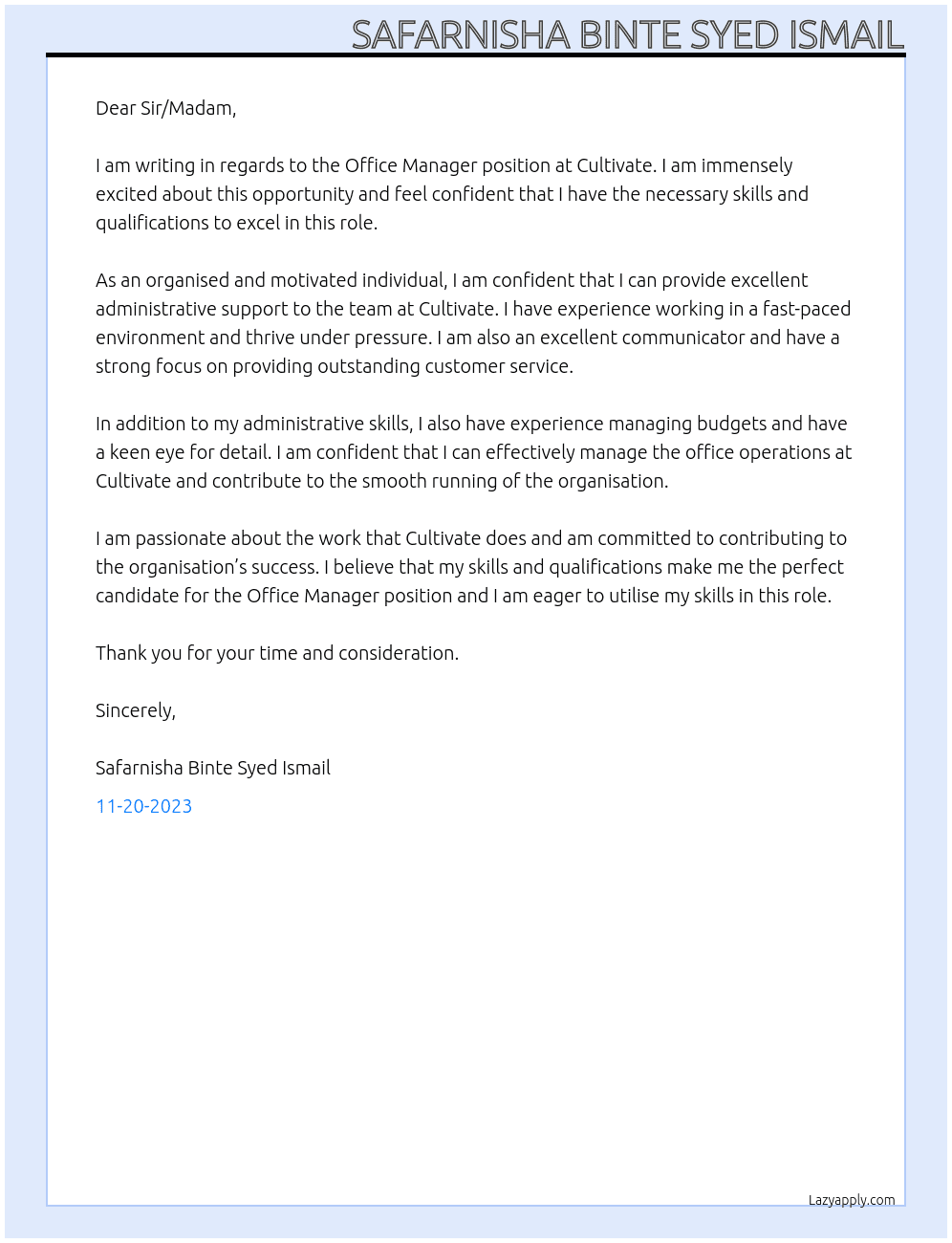 Office Manager At Cultivate Cover Letter