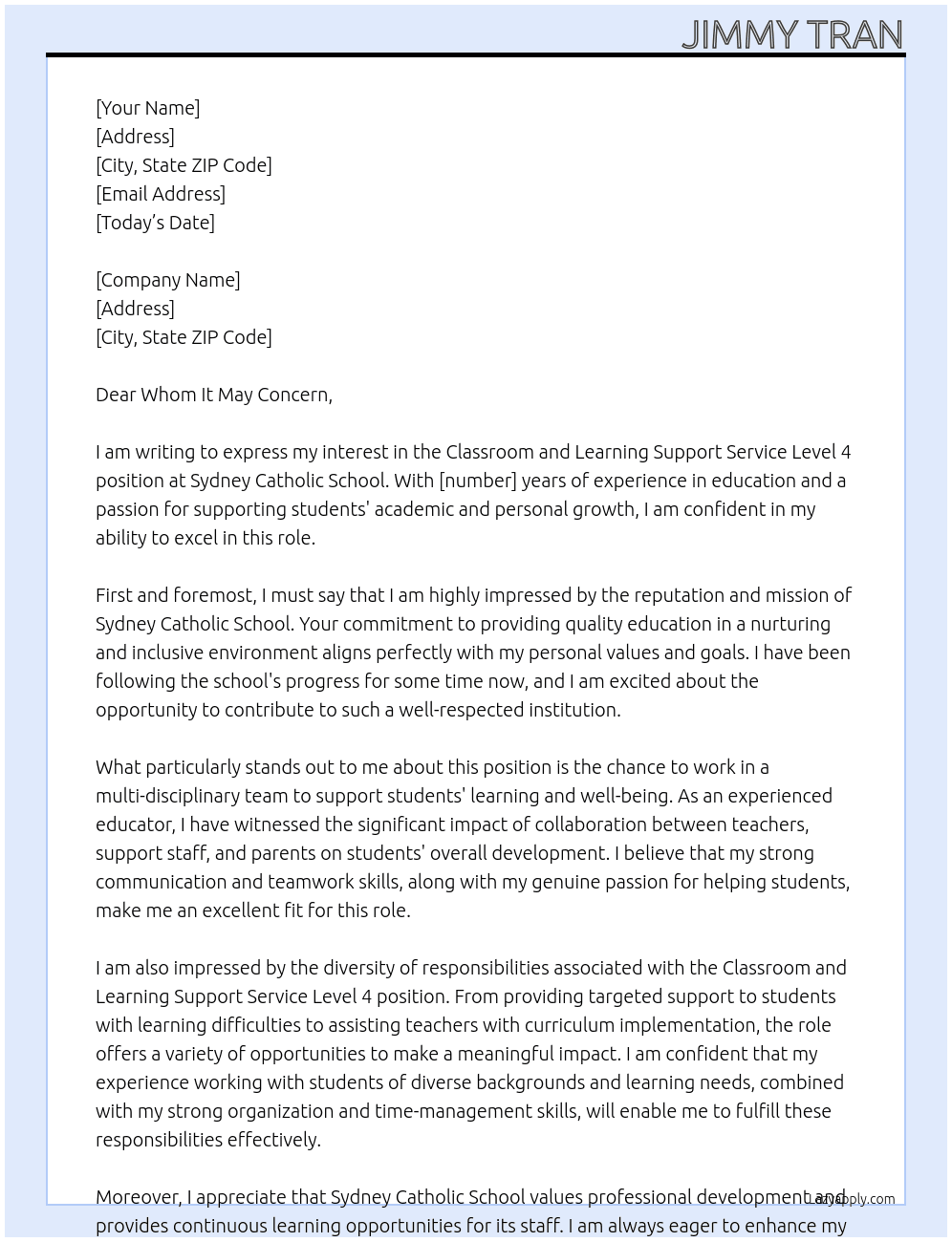Classroom and Learning Support Service Level 4 At Sydney Catholic School Cover Letter
