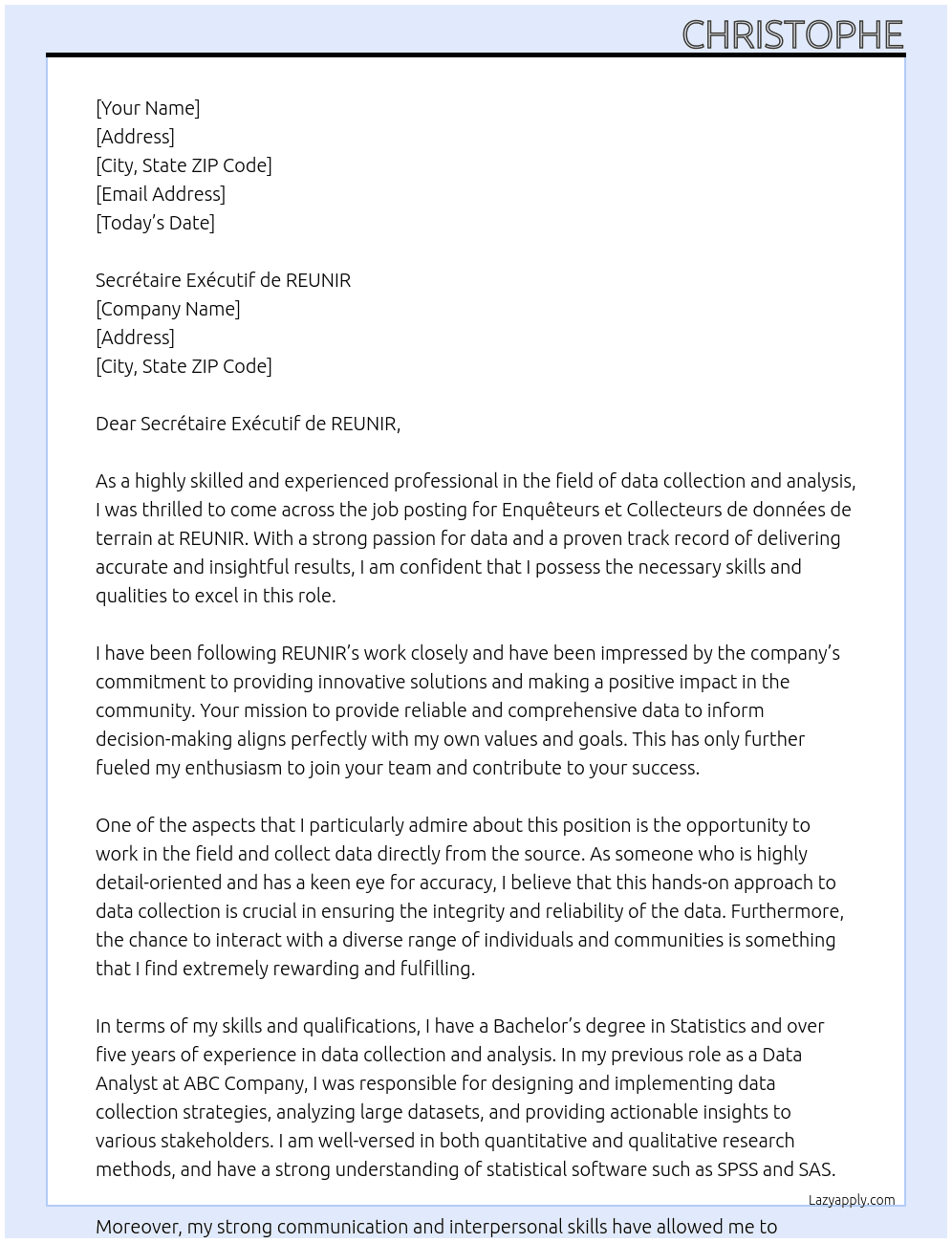 Enquêteurs et Collecteurs de données de terrain  At REUNIR  Cover Letter