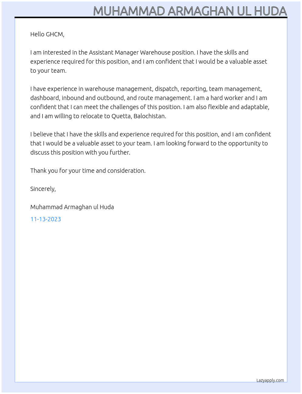 Assistant Manager Warehouse  At GHCM Cover Letter