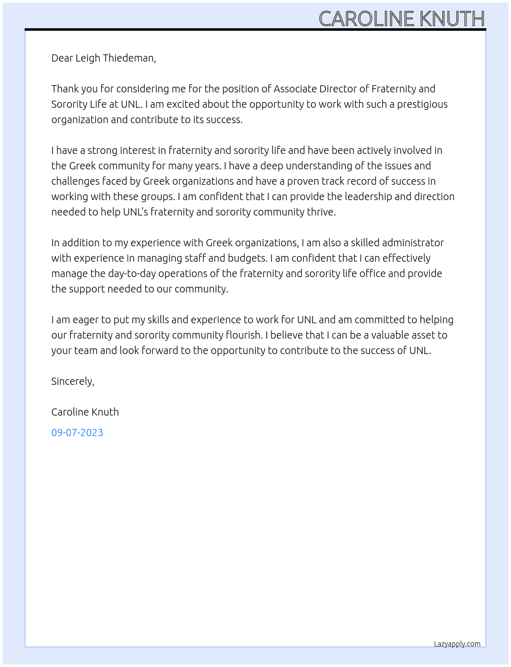 Associate Director of Fraternity and Sorority Life At UNL Cover Letter