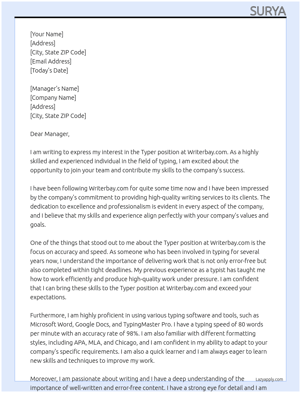 Typer At Writerbay.com Cover Letter