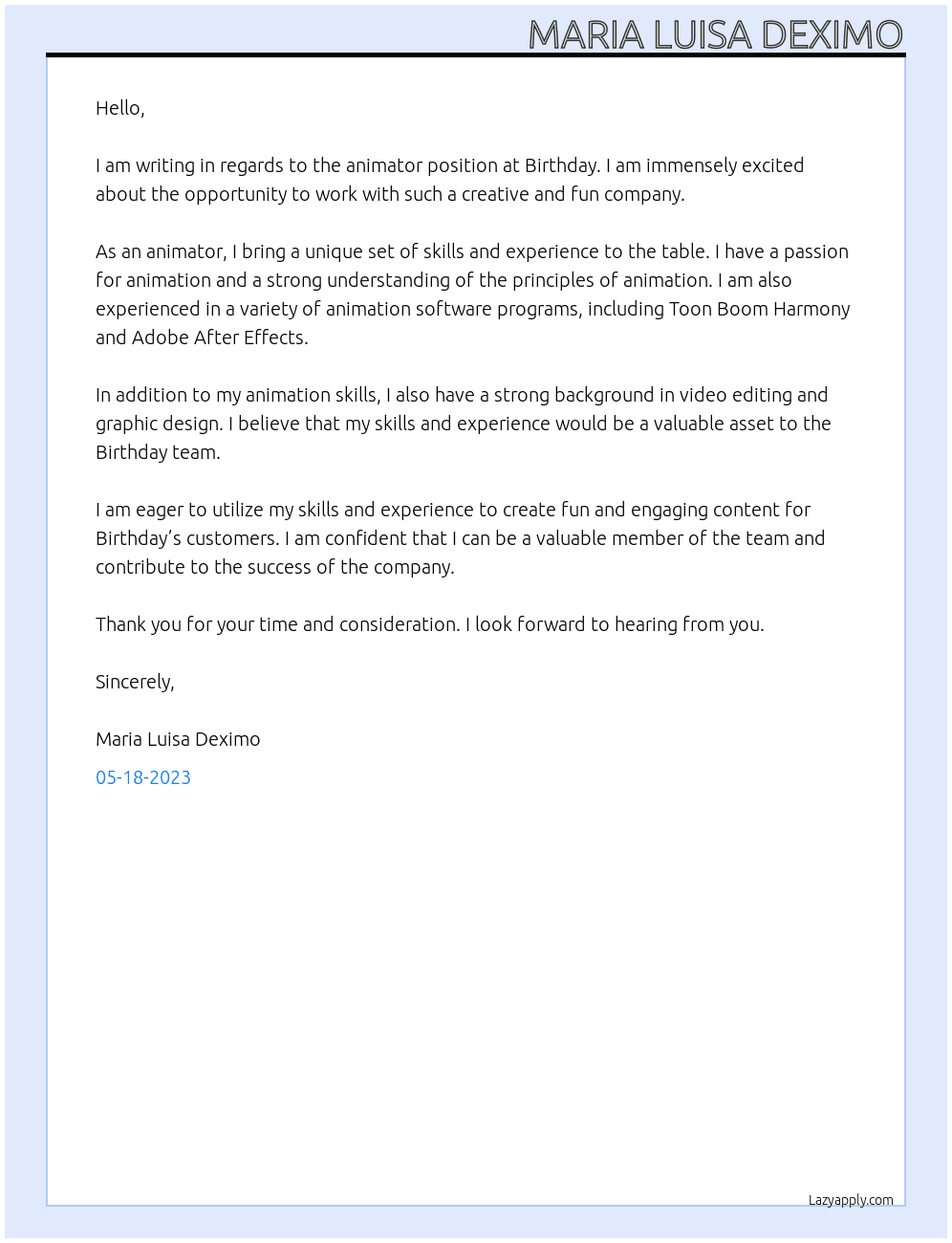 animator At birthday Cover Letter