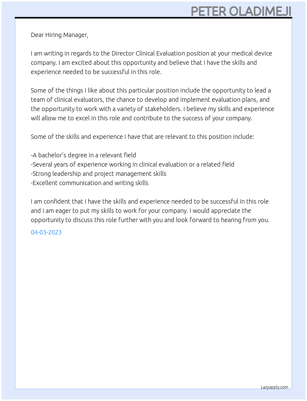 Director Clinical Evaluation At Medical device company Cover Letter