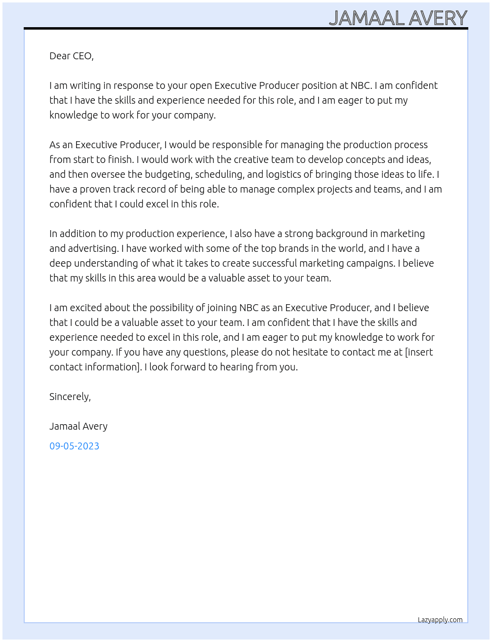Executive producer At NBC Cover Letter