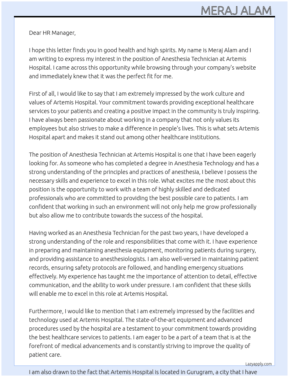 Anesthesia Technician  At Artemis Hospital  Cover Letter